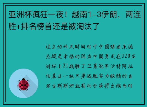 亚洲杯疯狂一夜！越南1-3伊朗，两连胜+排名榜首还是被淘汰了